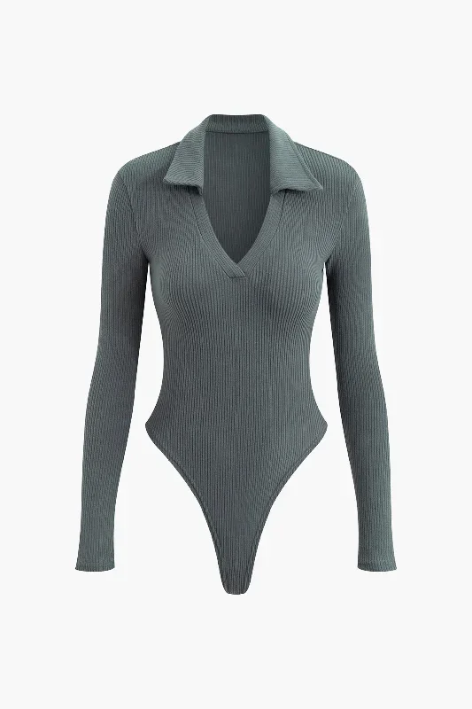 Basic Open Collar Long Sleeve Bodysuit