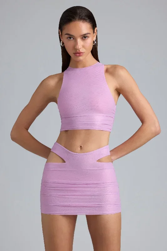 Metallic Ruched High-Neck Top in Violet Pink