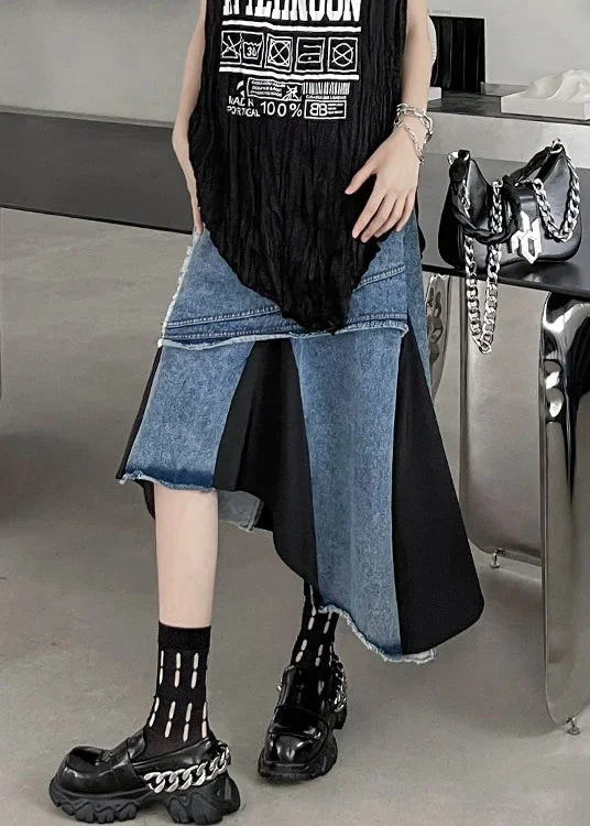 modern-blue-asymmetrical-pockets-patchwork-denim-skirt-fall