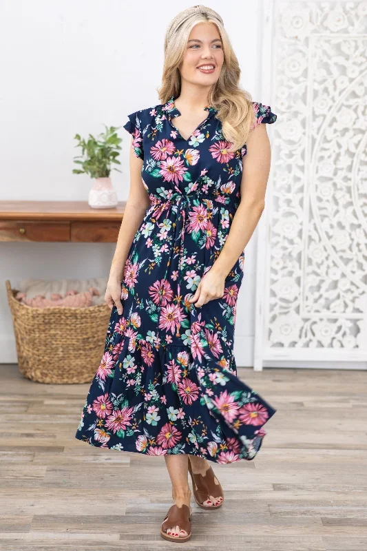 Navy Floral Print Ruffled V-Neck Midi Dress