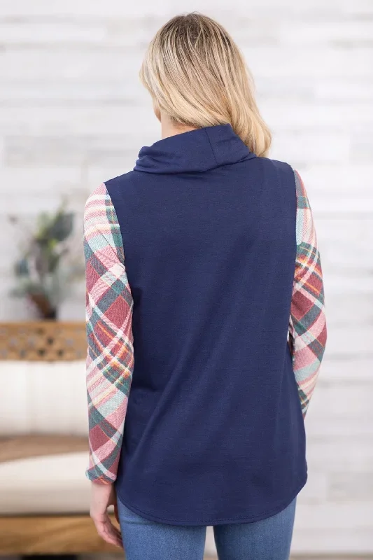 navy-multicolor-plaid-sleeve-cowl-neck-top