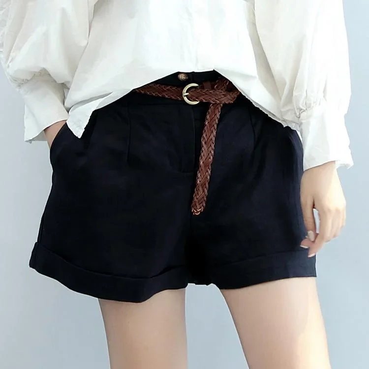 navy summer linen hot pants elastic waist shorts