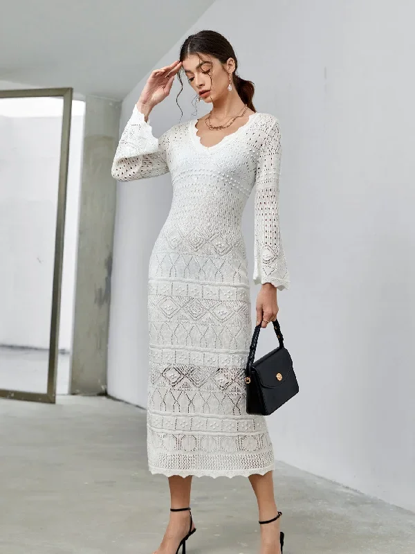 New designer style early autumn fashionable hollow elegant v-neck long-sleeved dress 36123+36123-1