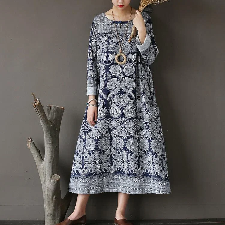 New Fall Dark Blue Print Cotton Dresses Plus Size Casual Long Sleeve Maxi Dress