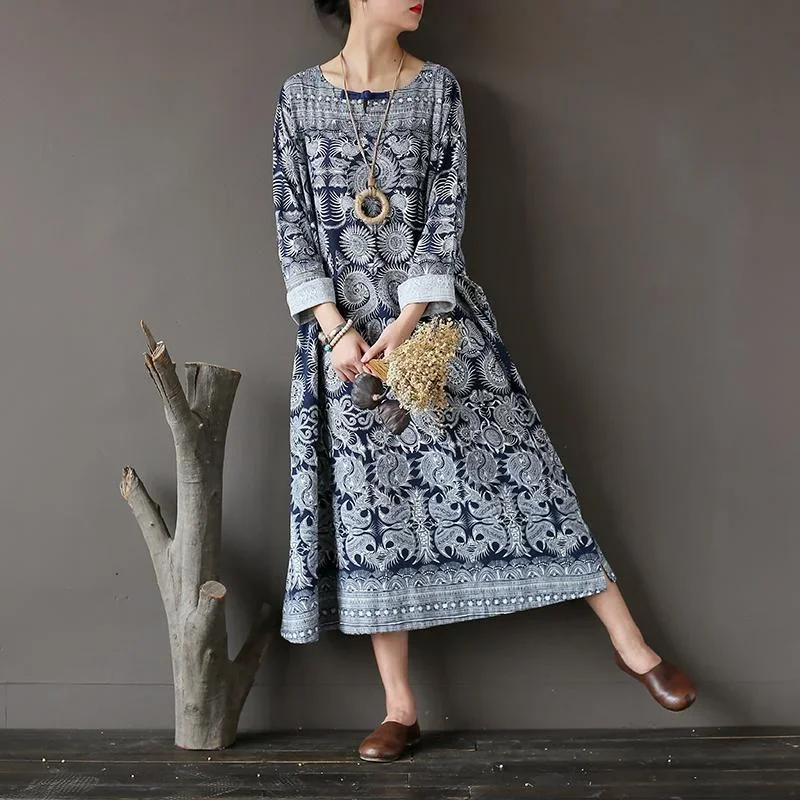 new-fall-dark-blue-print-cotton-dresses-plus-size-casual-long-sleeve-maxi-dress