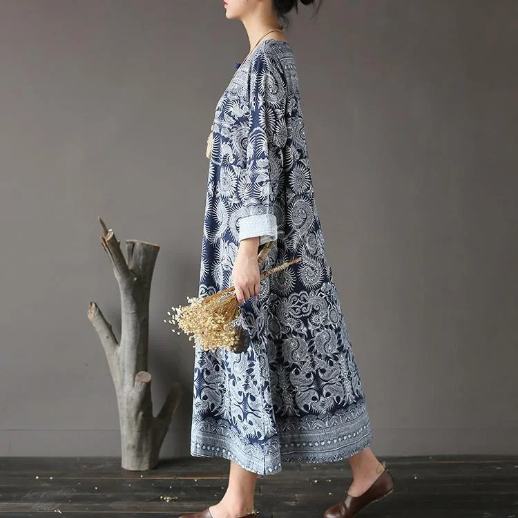 new-fall-dark-blue-print-cotton-dresses-plus-size-casual-long-sleeve-maxi-dress