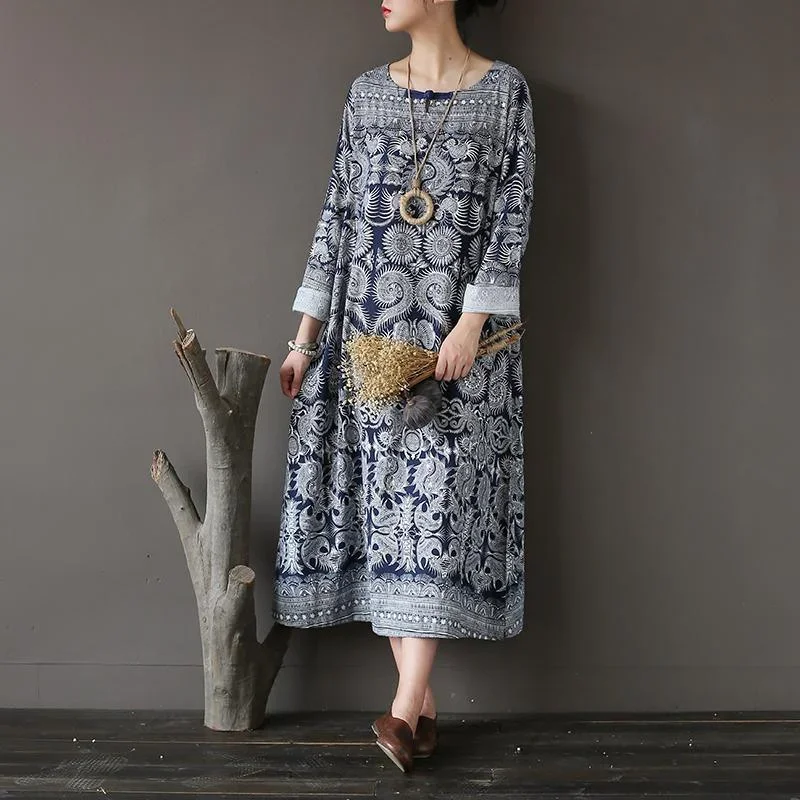 new-fall-dark-blue-print-cotton-dresses-plus-size-casual-long-sleeve-maxi-dress