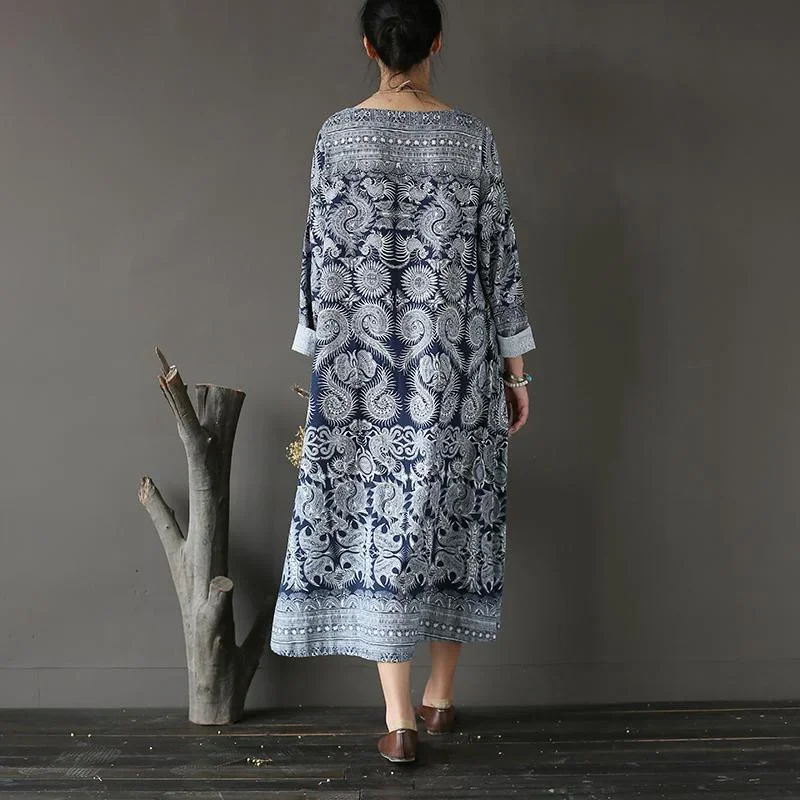 new-fall-dark-blue-print-cotton-dresses-plus-size-casual-long-sleeve-maxi-dress