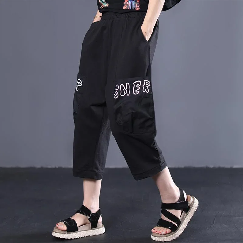 new-loose-large-size-literary-letter-stickers-elastic-waist-wild-casual-pants