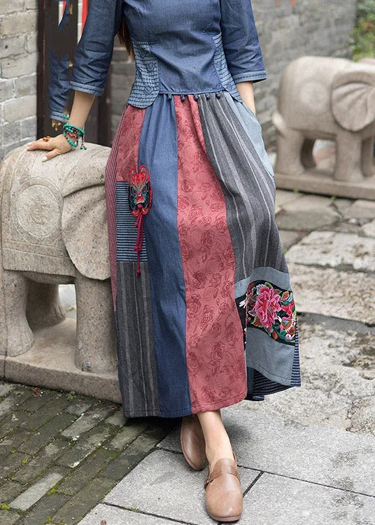 novelty-navy-blue-print-patchwork-embroideried-floral-tassel-high-waist-maxi-skirts