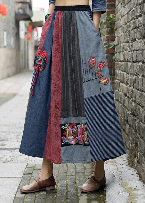 novelty-navy-blue-print-patchwork-embroideried-floral-tassel-high-waist-maxi-skirts