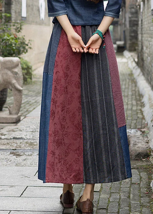 novelty-navy-blue-print-patchwork-embroideried-floral-tassel-high-waist-maxi-skirts