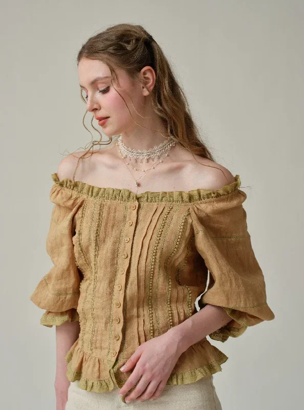 off-shoulder-linen-blouse-in-gold-beige-and-white-lace-blouse-ruffle-linen-blouse-vintage-blouse-puff-sleeve-blouse-linennaive