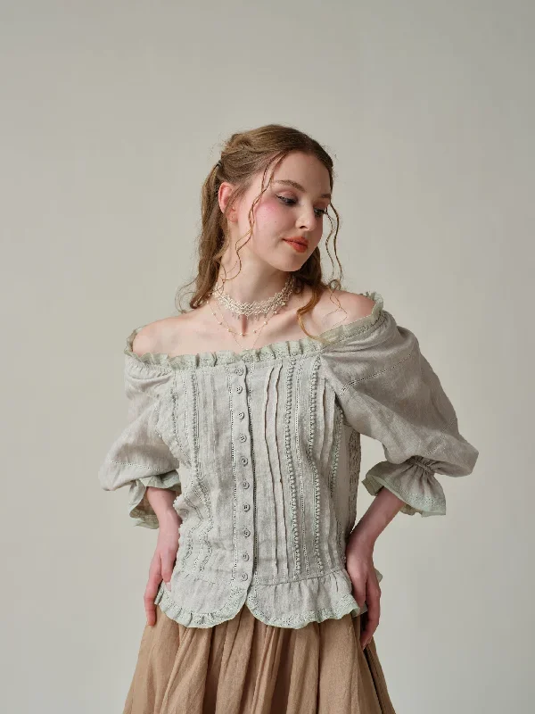 off-shoulder-linen-blouse-in-gold-beige-and-white-lace-blouse-ruffle-linen-blouse-vintage-blouse-puff-sleeve-blouse-linennaive