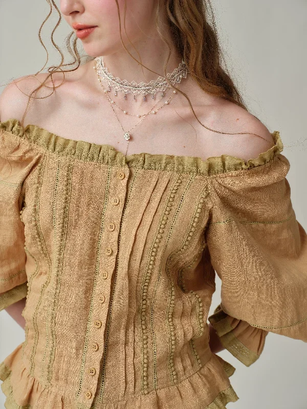 off-shoulder-linen-blouse-in-gold-beige-and-white-lace-blouse-ruffle-linen-blouse-vintage-blouse-puff-sleeve-blouse-linennaive