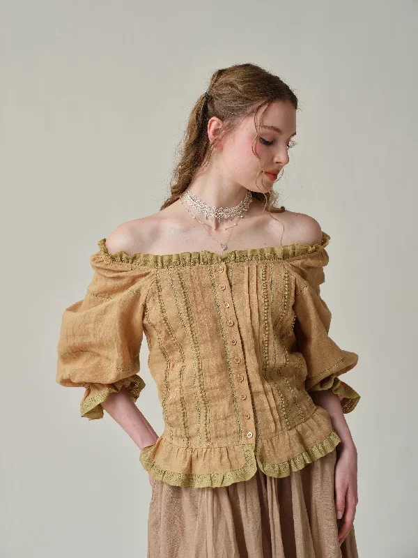 off-shoulder-linen-blouse-in-gold-beige-and-white-lace-blouse-ruffle-linen-blouse-vintage-blouse-puff-sleeve-blouse-linennaive