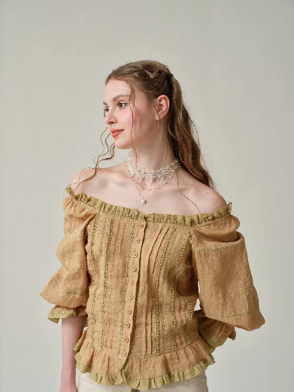 off-shoulder-linen-blouse-in-gold-beige-and-white-lace-blouse-ruffle-linen-blouse-vintage-blouse-puff-sleeve-blouse-linennaive