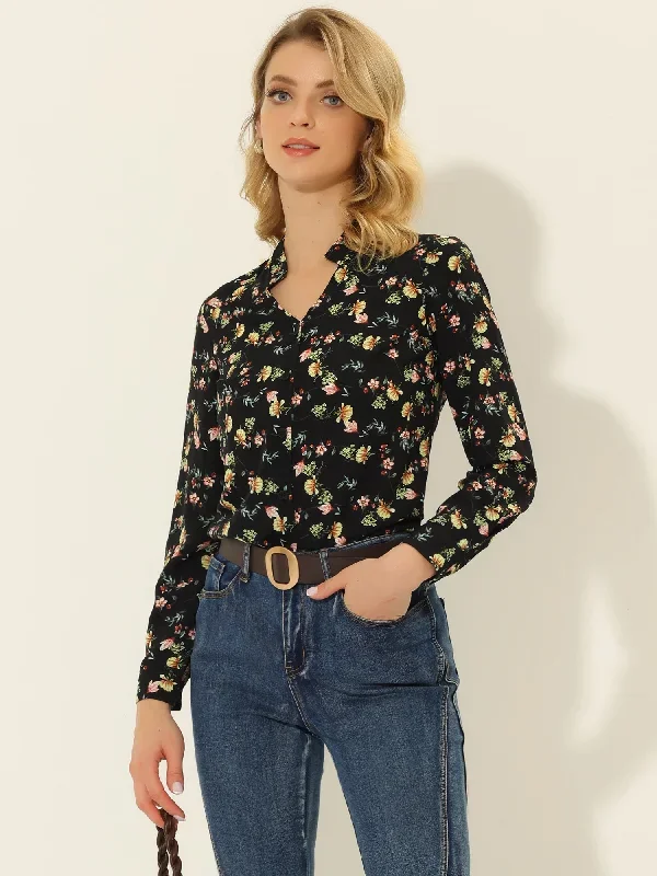 Work Office Button Up Shirt Cut-Out V Neck Floral Blouse