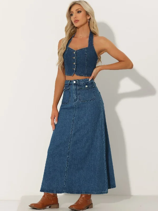 Casual High Waisted Flap Pocket A-Line Long Denim Jean Skirt