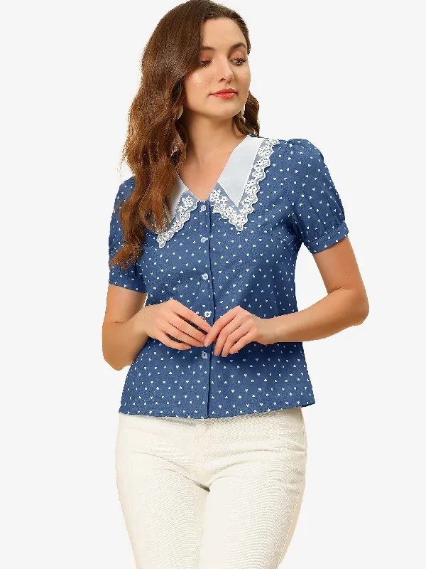 Lace Collar Heart Print Button Front Short Sleeve Denim Blouse Top