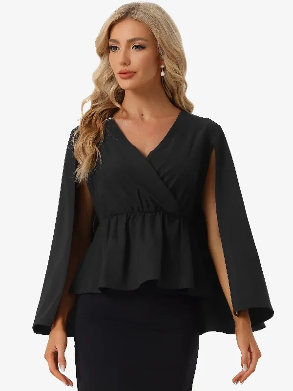 V Neck Cloak Sleeve Tie Waist Faux Wrap Peplum Blouse