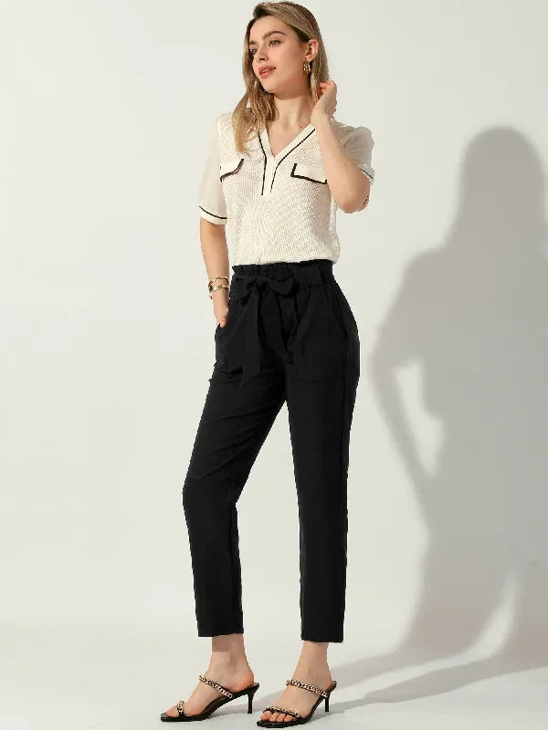 High Waist Pocketed Belted Casual Office Cropped Paper Bag Pants