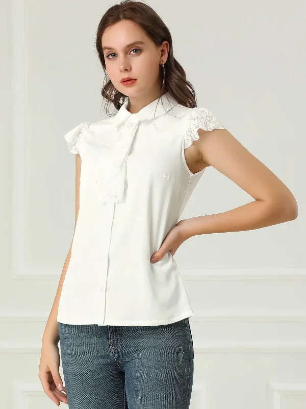 Chiffon Blouse Lace Cap Sleeve Tie Neck Collar Shirt