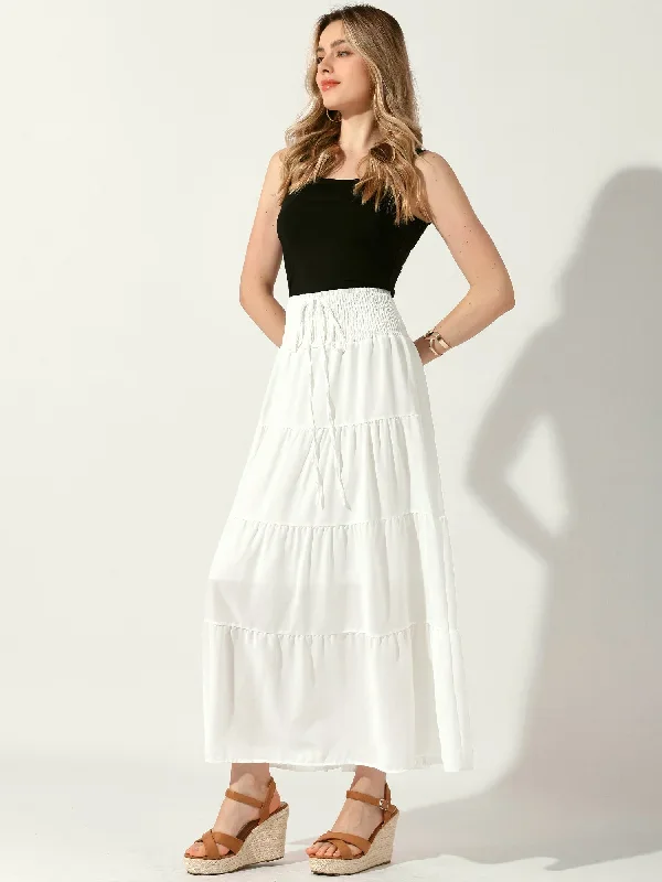 Smocked Elastic Waist Tiered A-Line Maxi Skirt