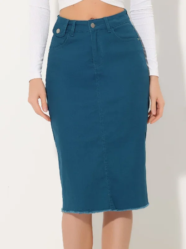 Casual High Waist Back Slit Stretch Denim Midi Skirt