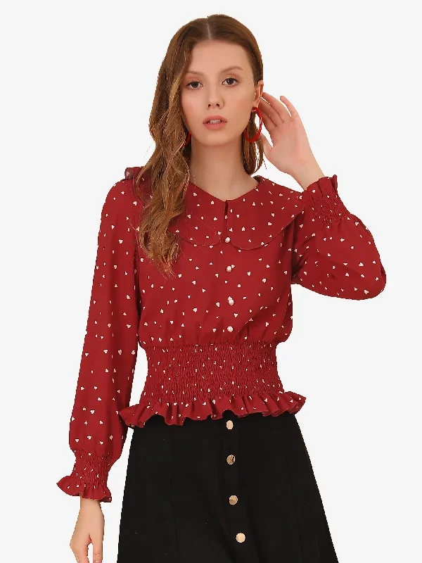 Peter Pan Collar Heart Printed Pearl Decor Shirred Blouse Tops