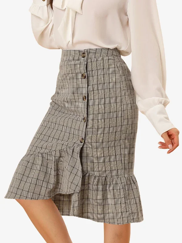 Plaid Asymmetric Fishtail Button Work Office Ruffle Pencil Skirt