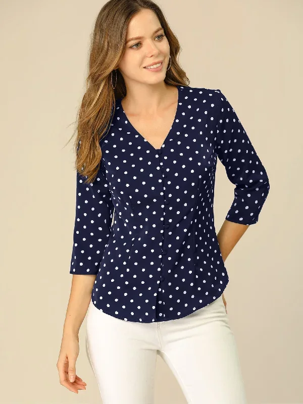 Polka Dots 3/4 Sleeve Button Front Vintage Office Blouse Top