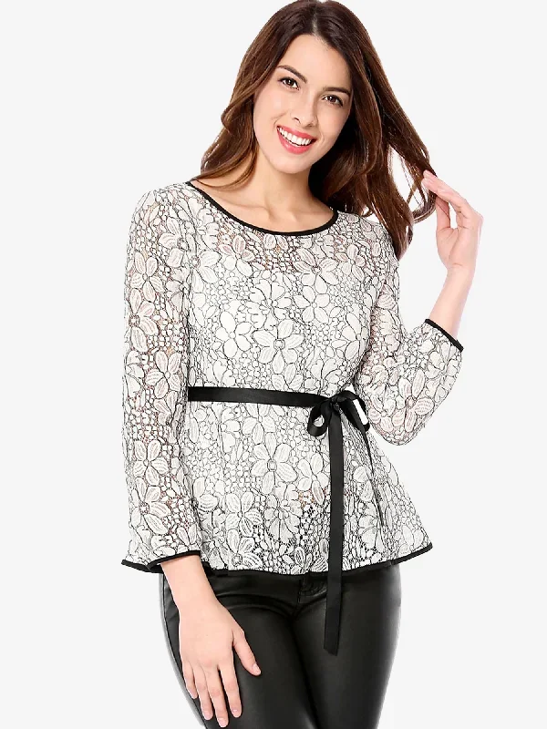 Elegant Tie Waist Long Sleeve Top Lace Peplum Blouses