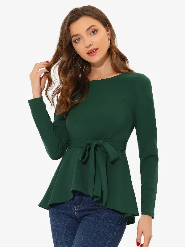 Ruffle Peplum Elegant Long Sleeve Self Tie Waist Work Blouse