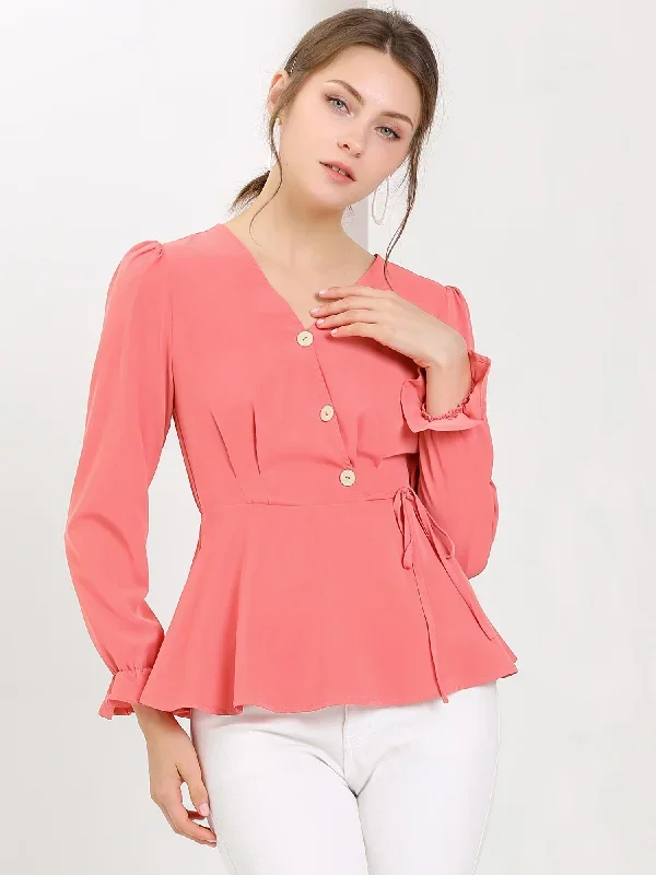 V Neck Tie Waist Button Decor Long Sleeve Peplum Blouse