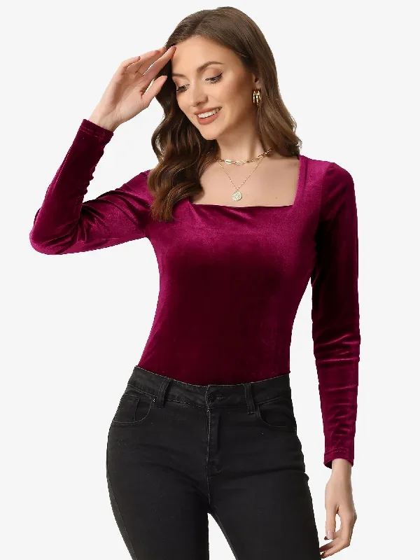 Long Sleeve Velvet Square Neck Casual T-Shirt Blouse