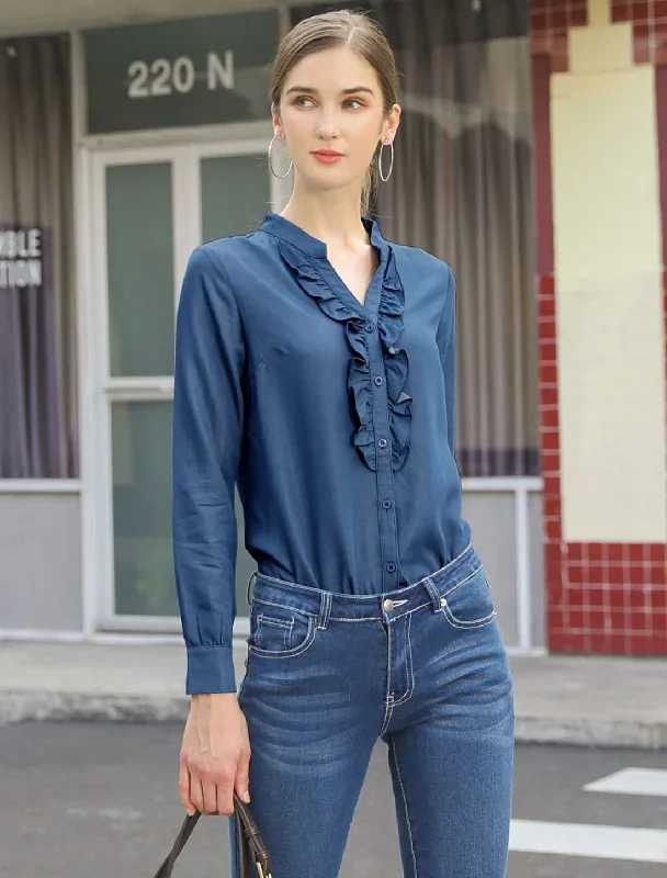 Ruffled Neck Button Up Long Sleeve Denim Chambray Blouse Shirt