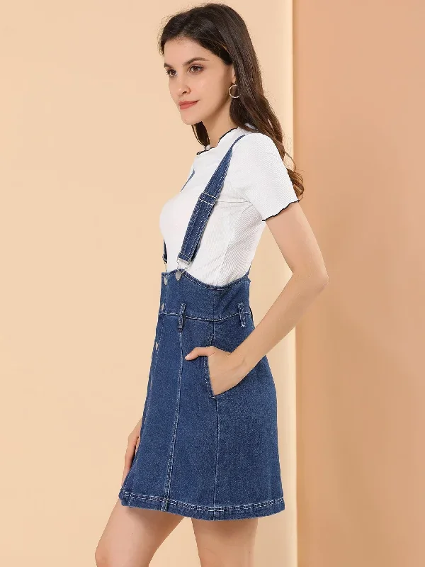 Casual Button Down Adjustable Strap Denim Overall Suspender Skirt