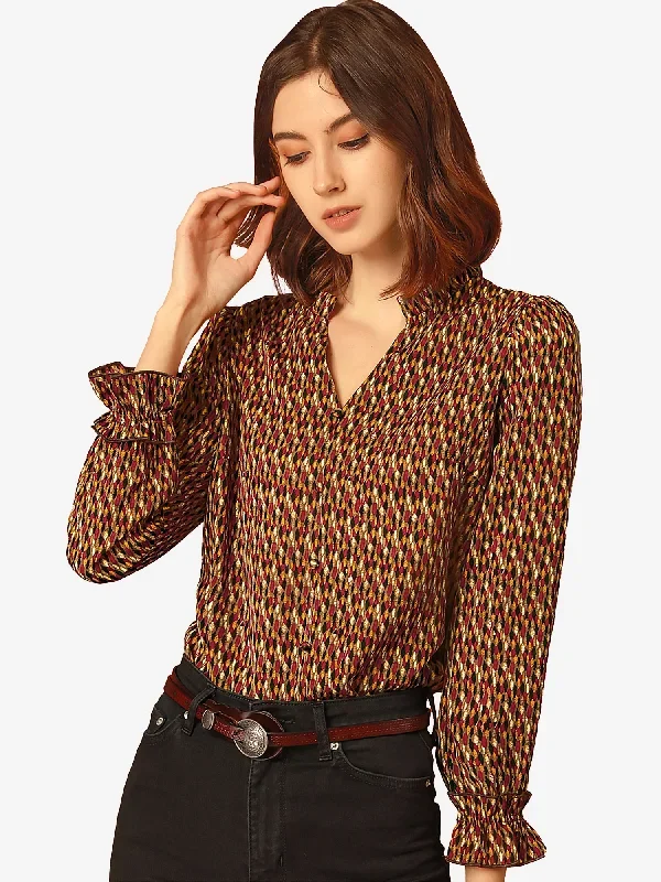 Long Sleeve V Neck Ruffle Geometric Printed Work Office Floral Shirt