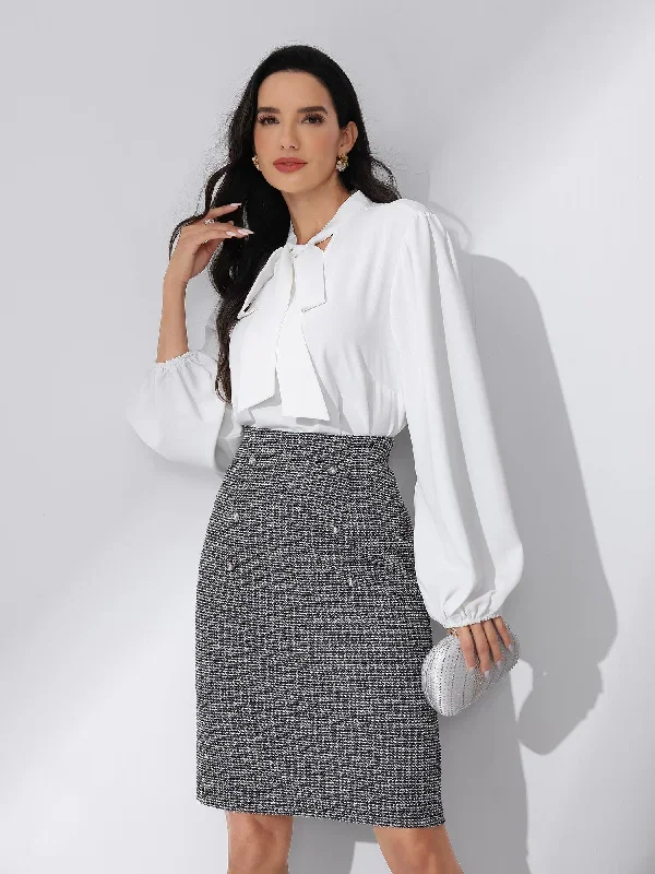 Tweed Button Decor Work Office Midi Pencil Skirt