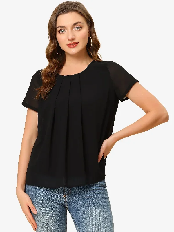 Pleated Top Short Sleeve Round Neck Summer Chiffon Blouse