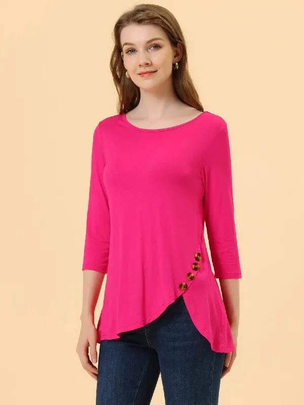 3/4 Sleeve Round Neck Button Decor Casual Stretchy Tunic Tops