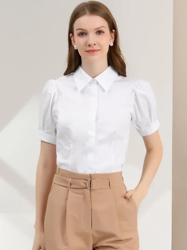 Puff Sleeve Collared Cotton Work Office Button Down Shirt