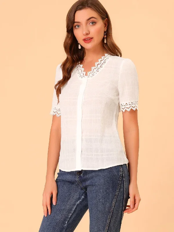 Work Blouse V Neck Short Sleeve Lace Crochet Shirt Top