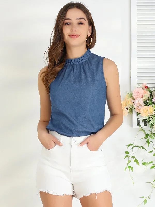 Denim Sleeveless Top Frill Mock Neck Ruffle Chambray Blouse