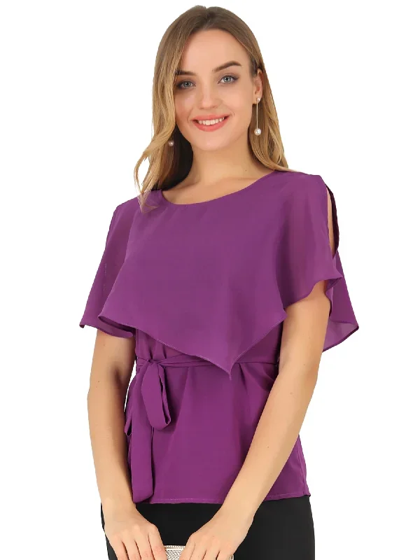 Flowy Ruffled Overlay Layered Tie Waist Chiffon Poncho Blouse Top