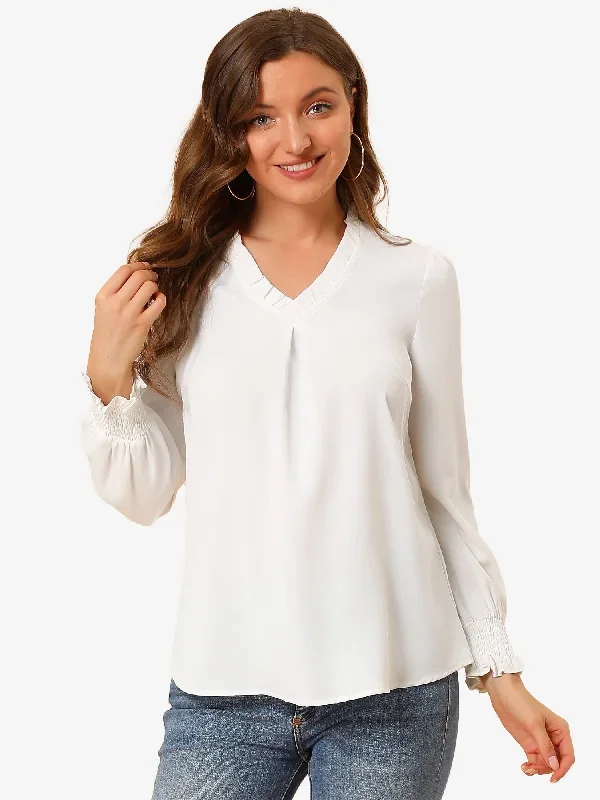 Work Shirt Ruffled V Neck Long Sleeve Workwear Solid Blouse