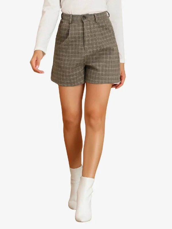 High Waisted Stretchy Buttoned Wide Leg Plaid Pocket Shorts