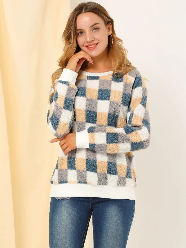 Plaid Long Sleeve Round Neck Pullover Sweater Blouse Top