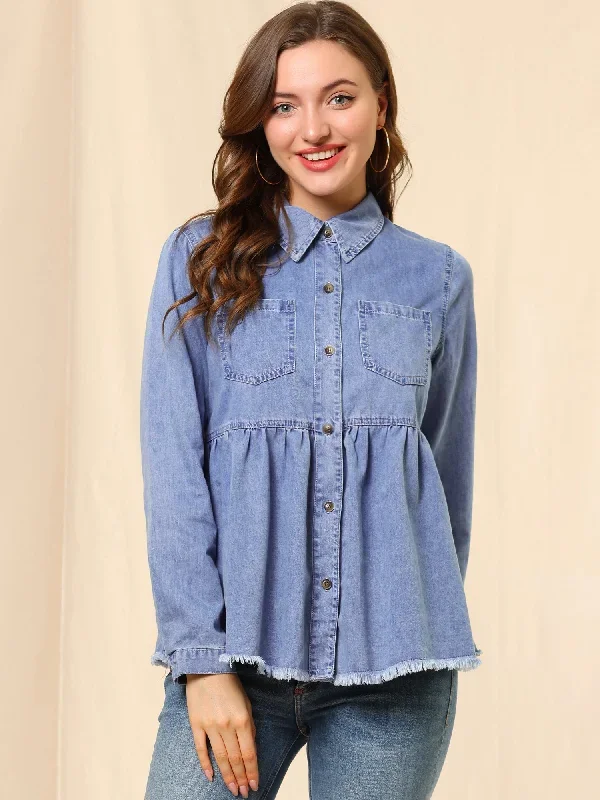 Long Sleeve Peplum Button Down Denim Shirt